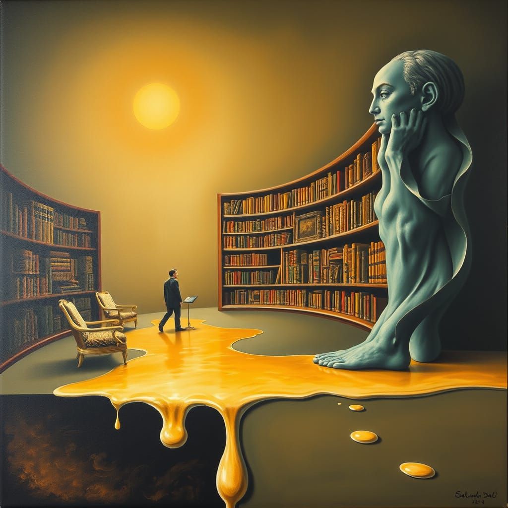 Surrealistic Library of the Absurd in Matte Oil Painting