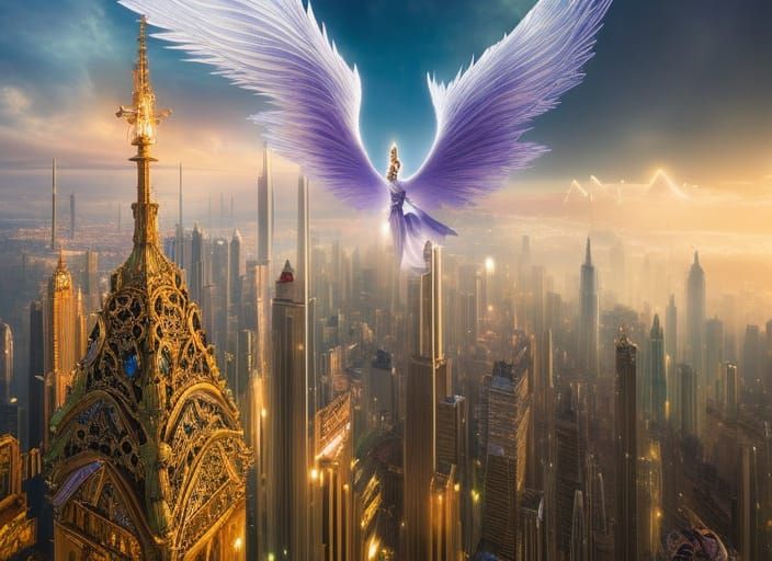 Angel Over Modern City in Whimsical Fantasy Style