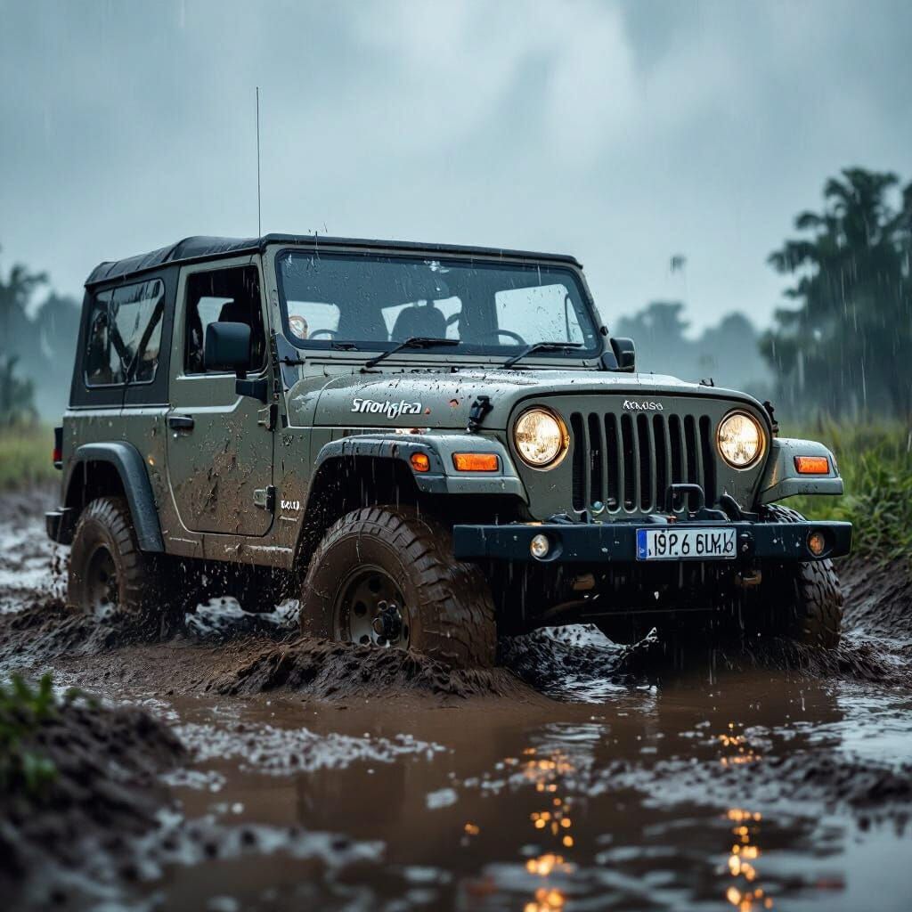 Mahindra Thar Off-Roading in Muddy Forest, Photorealistic St...