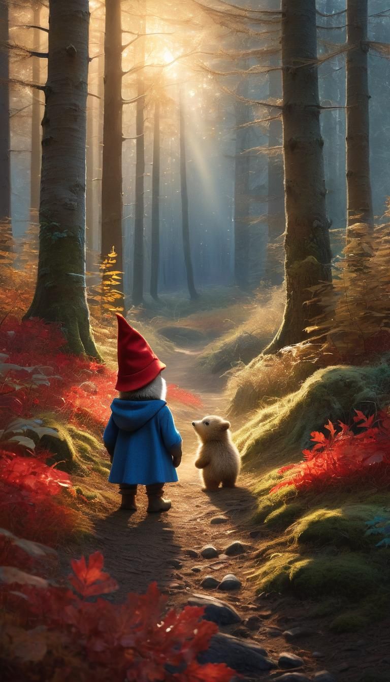 Gnome and Bear Cub in Autumn Forest, Watercolor Style