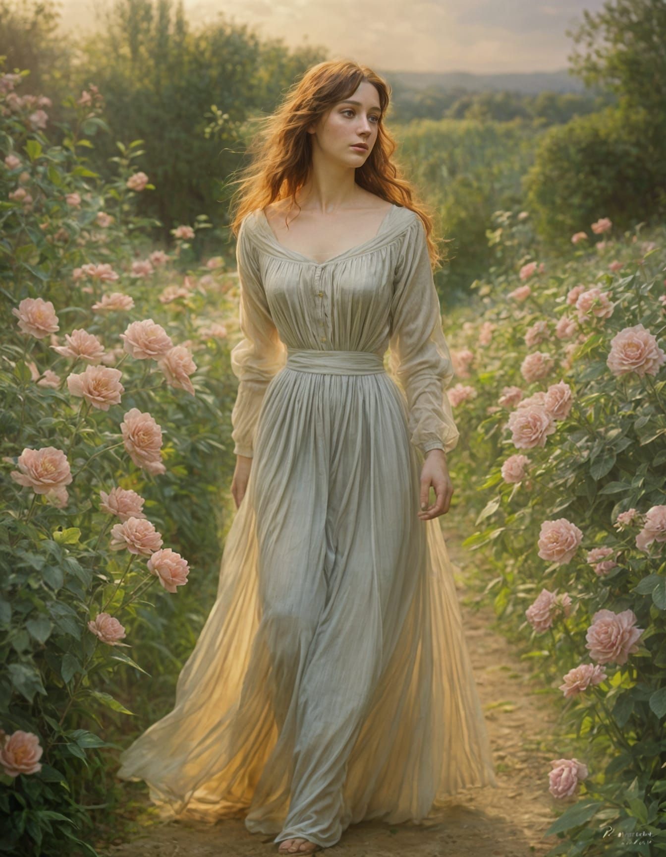 Pre-Raphaelite Woman in Sunlit Garden