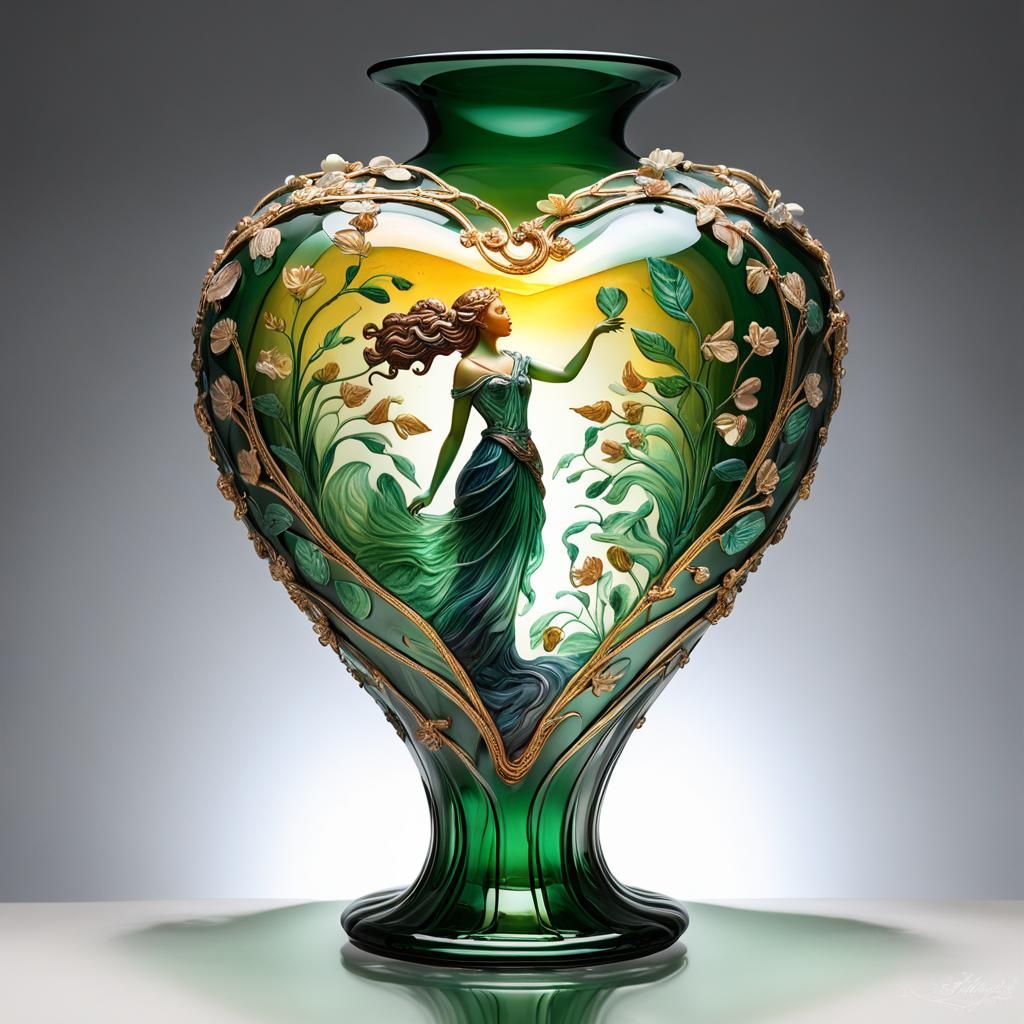 BIG antique HEART as vase, Phoenician blown glass, museum quality, vivid deep colours, crystal glass, tastefully decorat...