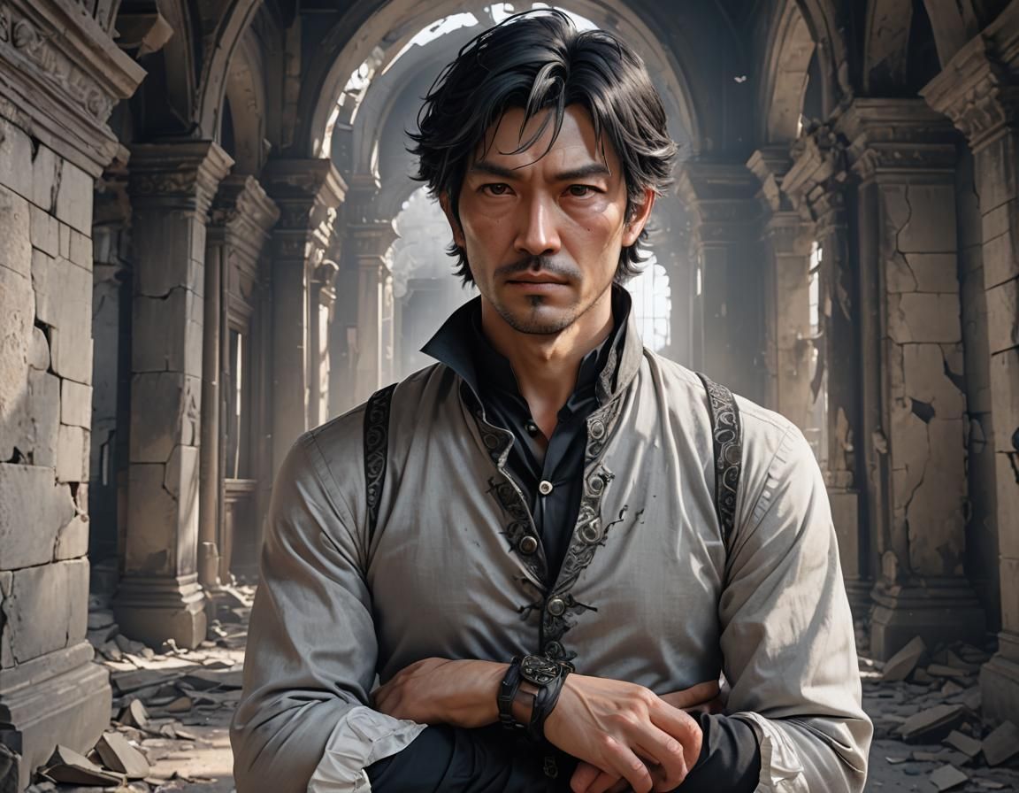 Victorian Man in Ruined Palace: Dark Fantasy Anime Art