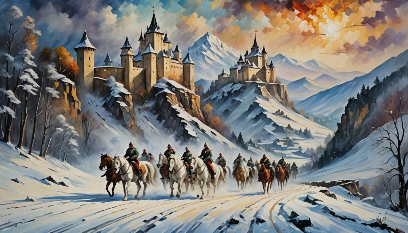 White Fortress on Snowy Mountain as Oil Painting