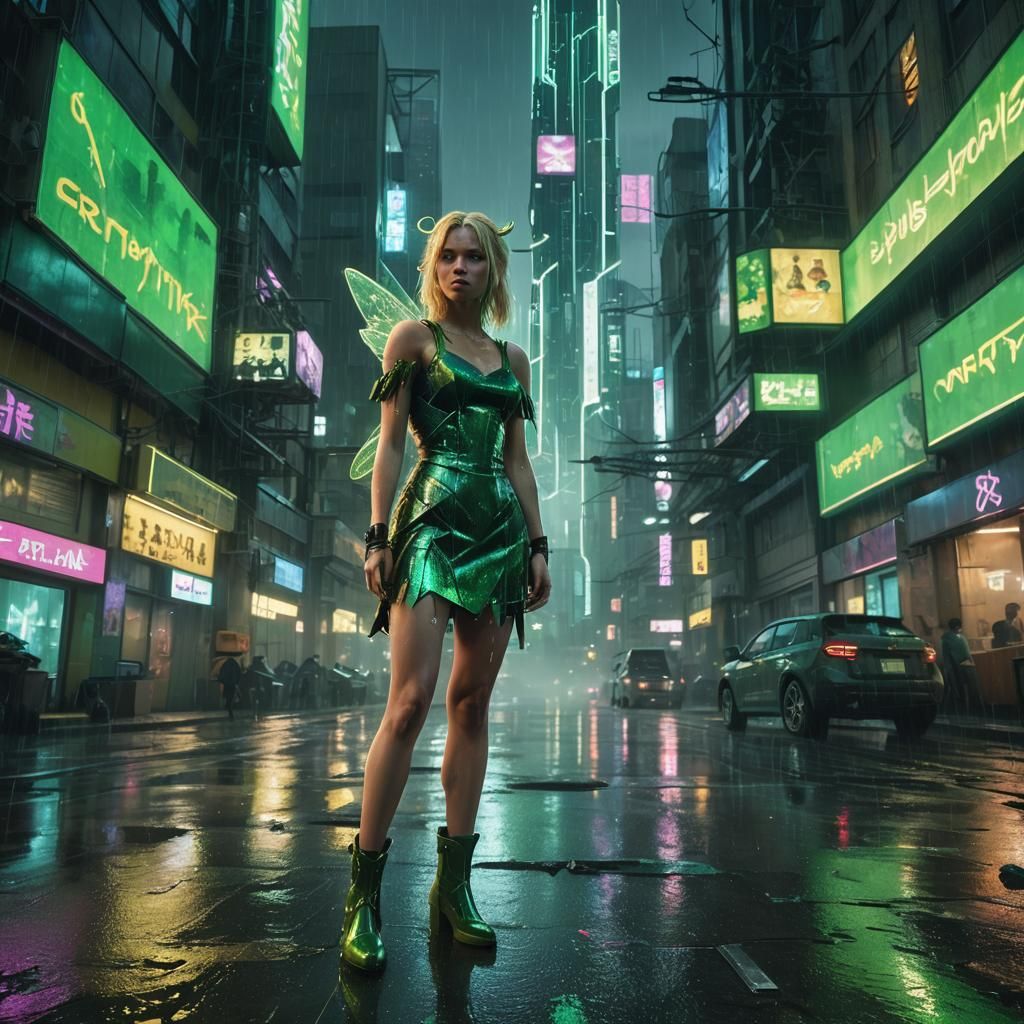 Tinkerbell in Cyberpunk 2099 Neon Cityscape