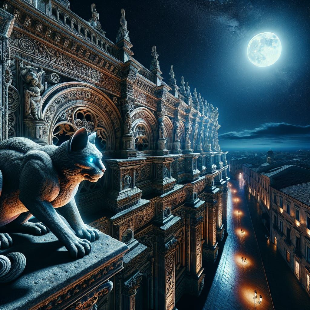 Living Cat Gargoyle Prowling a Cathedral at Night