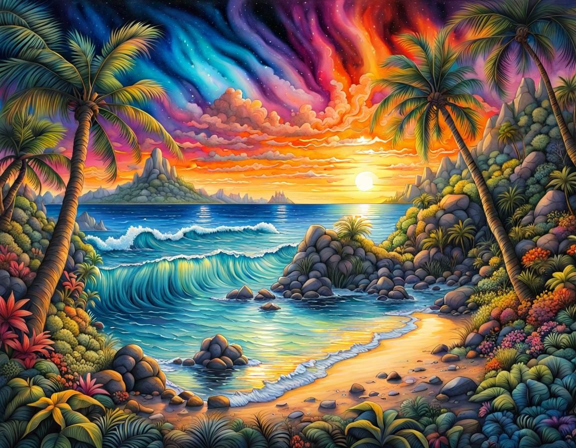 Tropical Island Beach Sunset in Watercolor Style