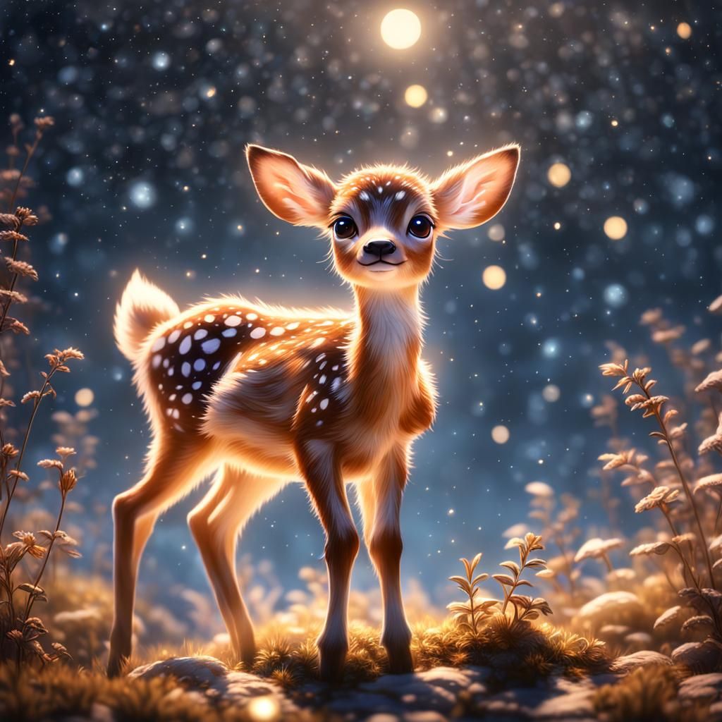 Adorable Fawn Under Starry Sky in Ghibli Style