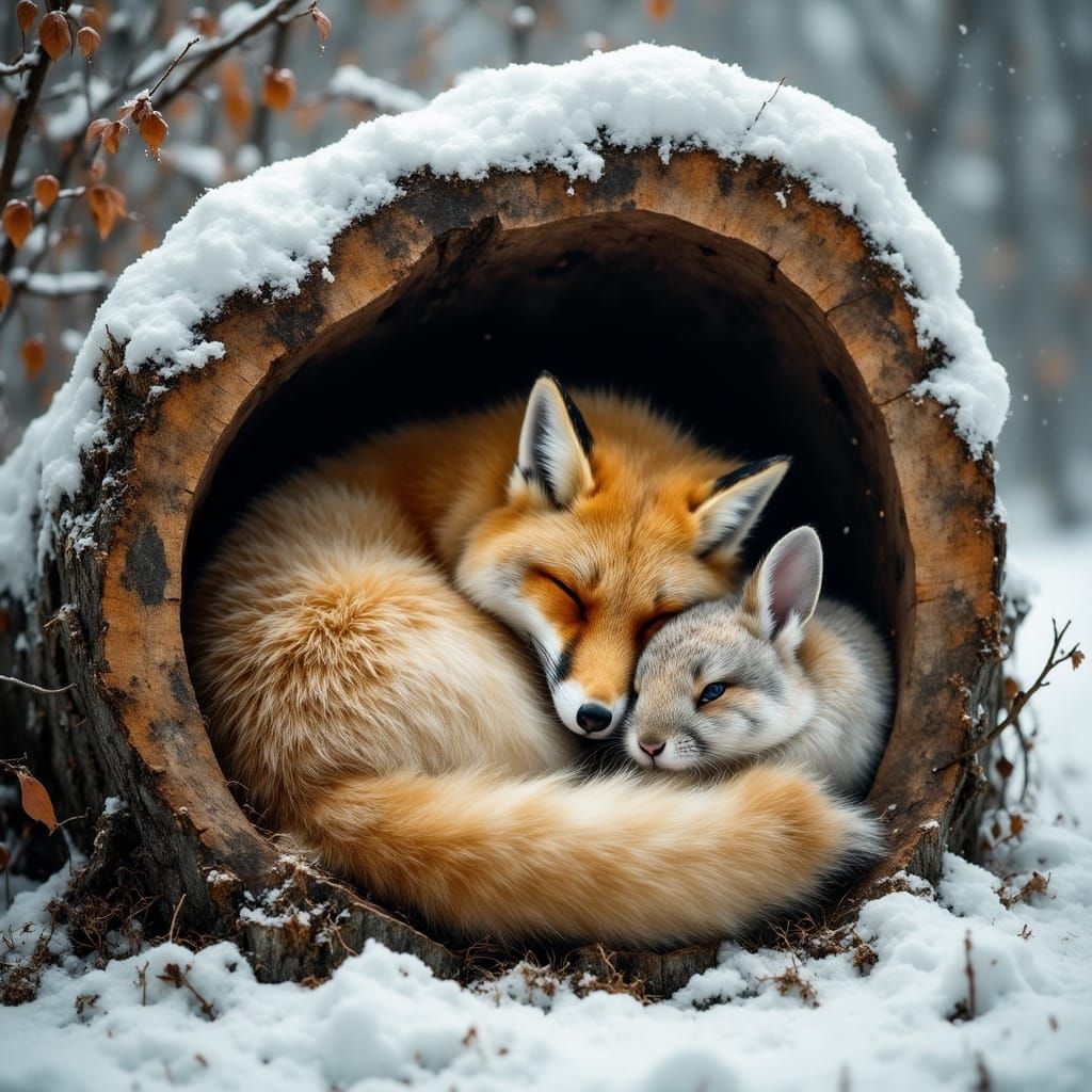 Arctic Animals Sleeping Together in Snowy Stump
