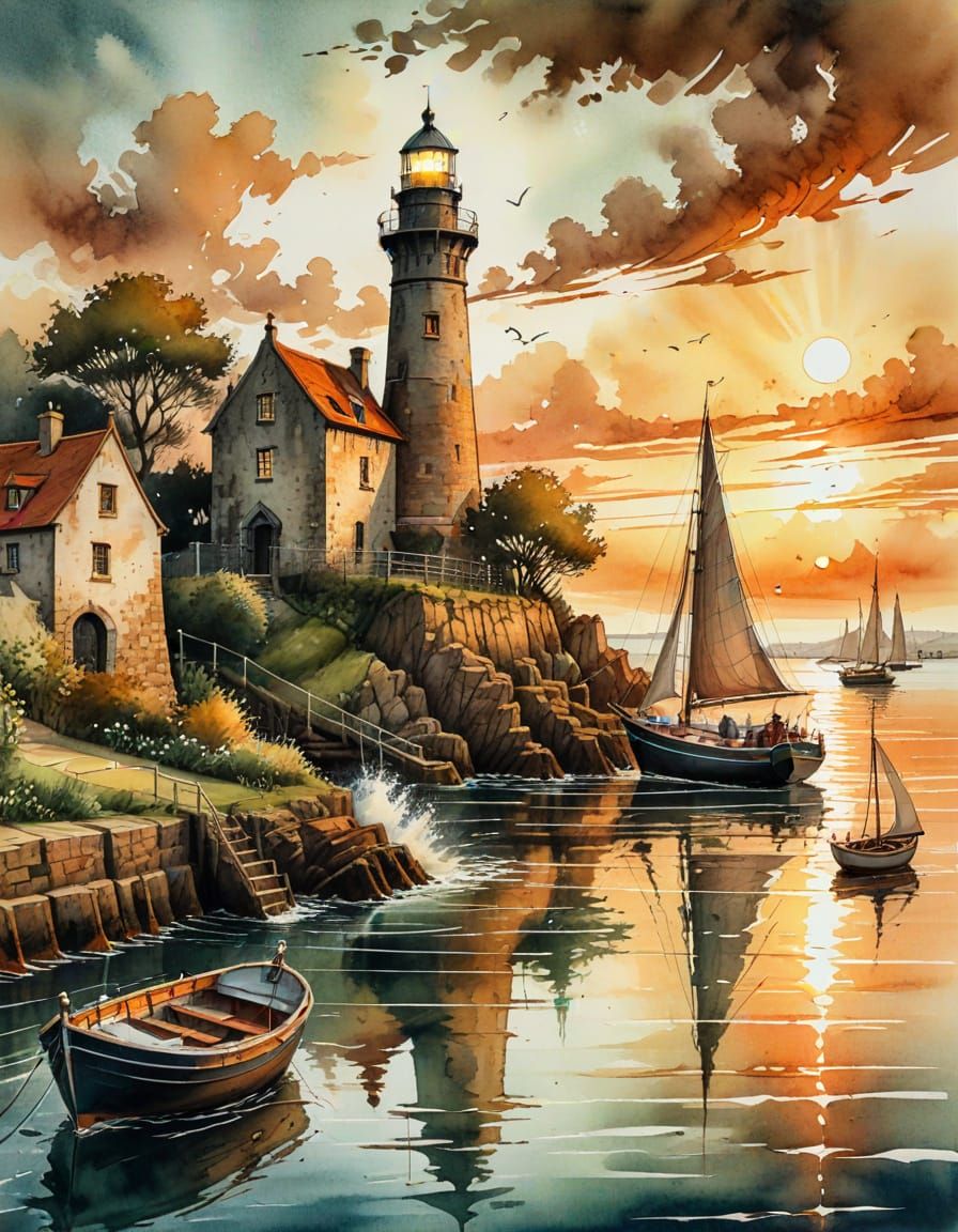 Medieval Harbor Lighthouse and Sailboat Ink Wash Painting