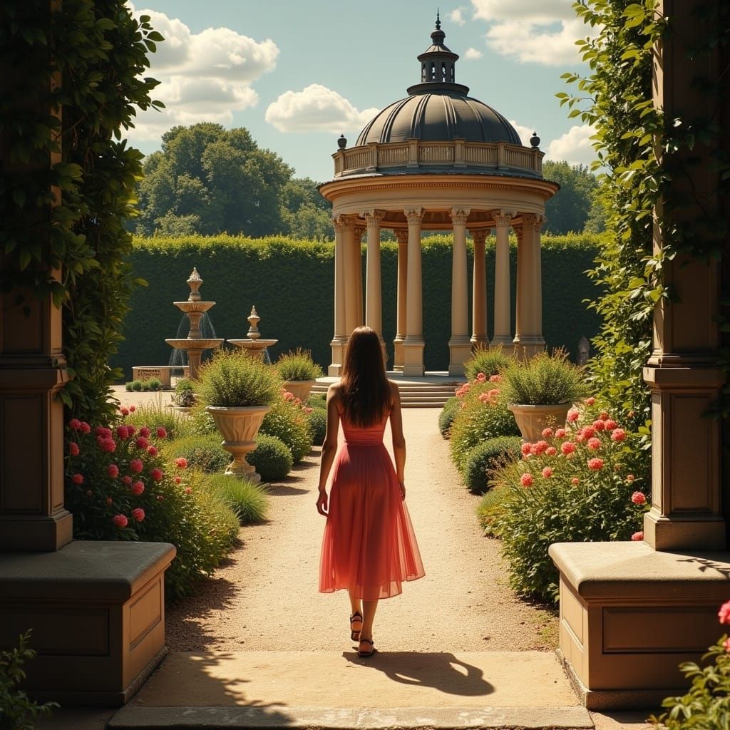 Regal Fontainebleau Garden with Gazebo, Fountain, Roses, and...