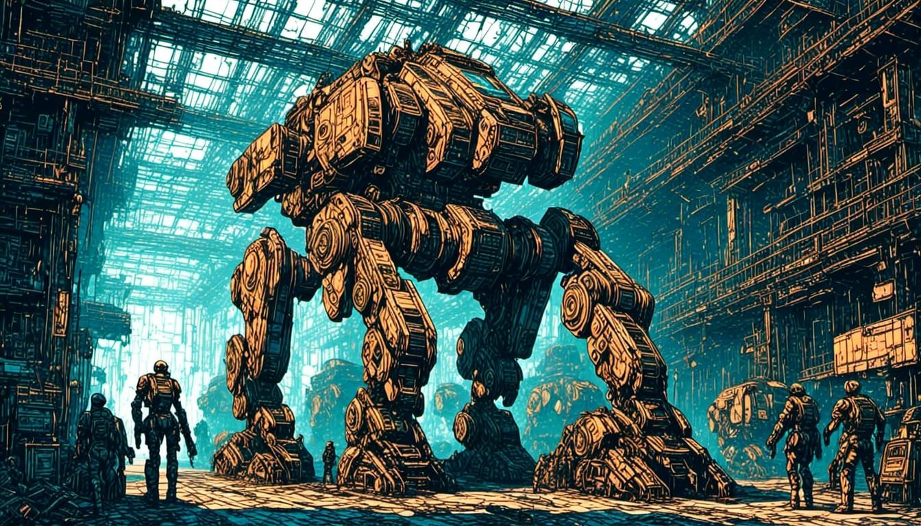 Intricate Mecha Design with Linear Cannon, Linocut Style