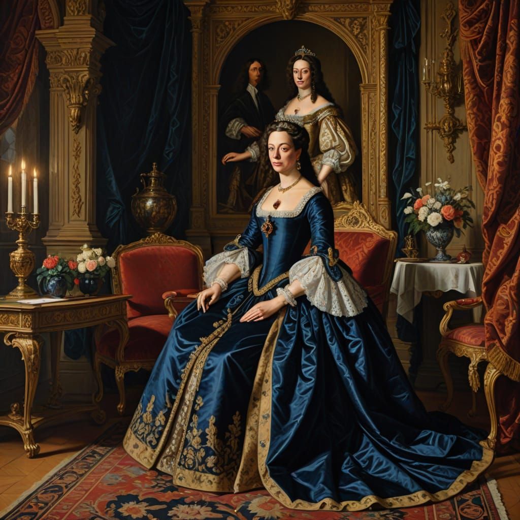 Elegant Queen Catherine of Braganza in Baroque Royal Chamber