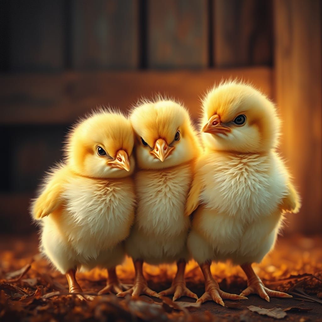 Hyper-Realistic Oil Painting of 3 Adorable Yellow Chicks