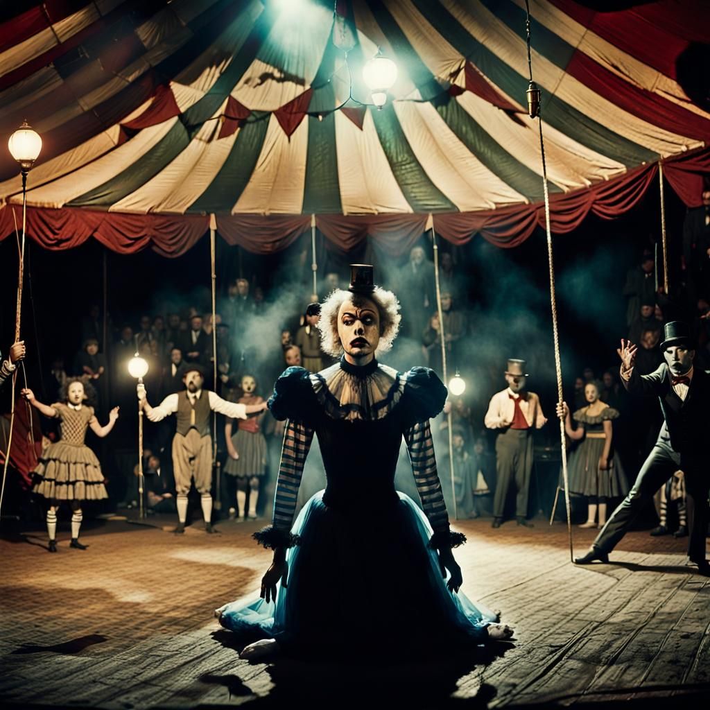 Surreal Circus Performers in Dim Lantern Light