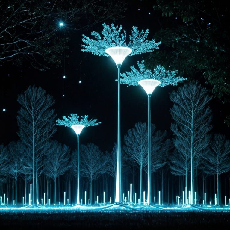 Surreal Chrome Steel Forest Under Shimmering Metallic Moon