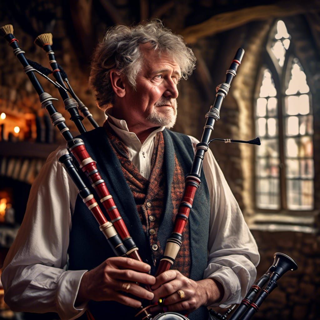 Hyperrealistic Bagpiper in Medieval Inn Photo