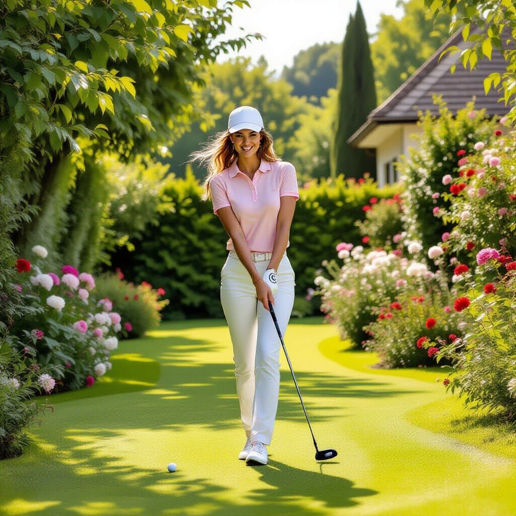 Woman Golfing in Garden with Pastel Colors