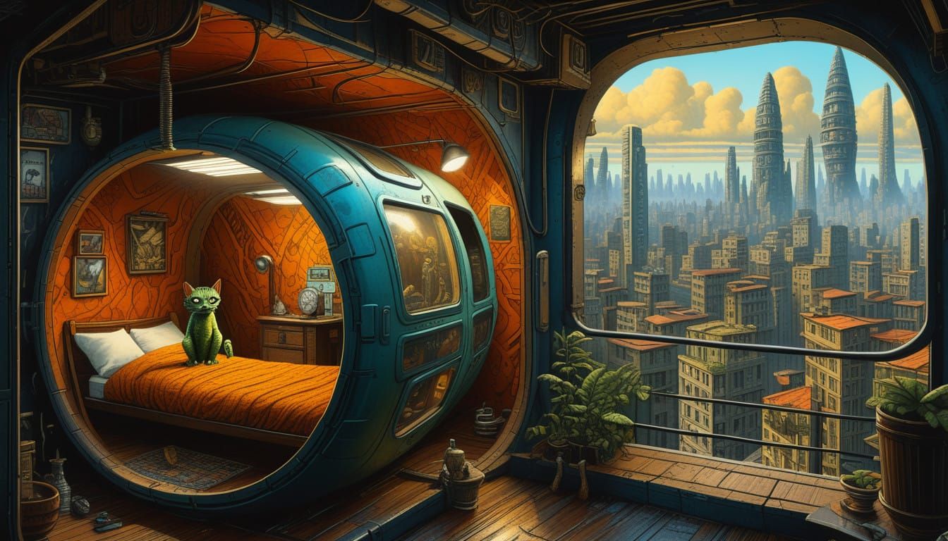 Anthropomorphic Chameleon Cat in Retrofuturistic City