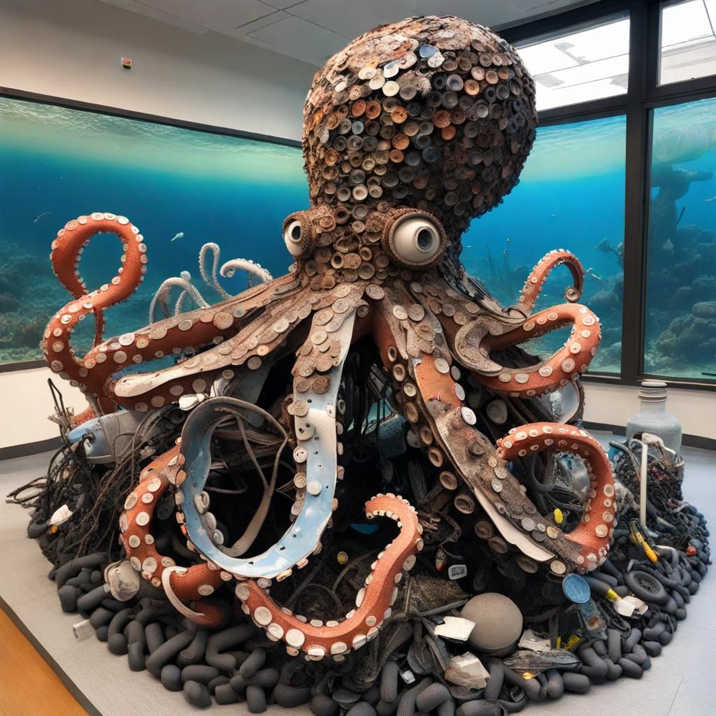 Recycled Octopus Sculpture on Polluted Ocean Floor