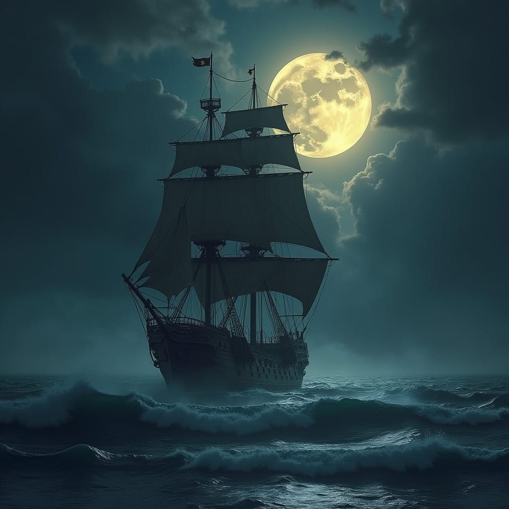 Pirate Ship Emerges from Dark Clouds Under Glowing Evil Moon