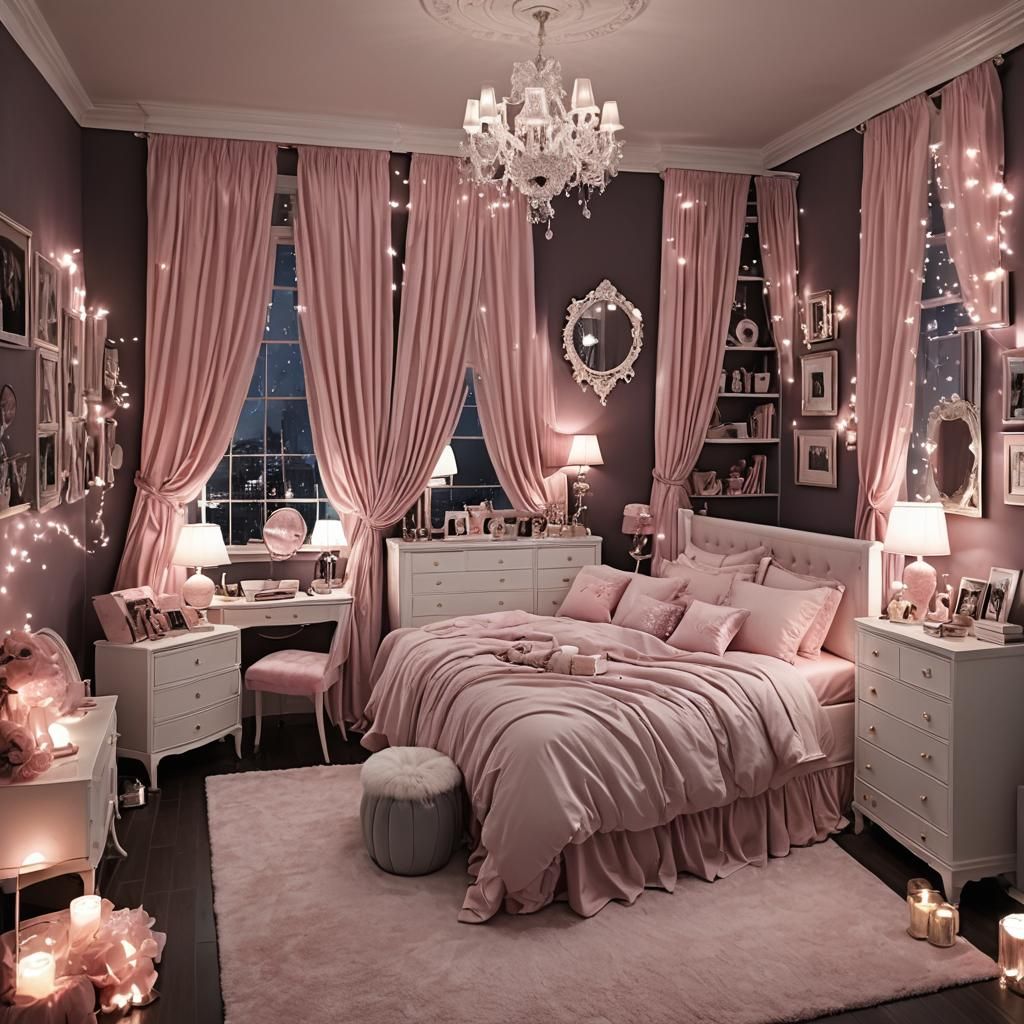 Fancy Pink Bedroom for Young Girl in Dark Lighting