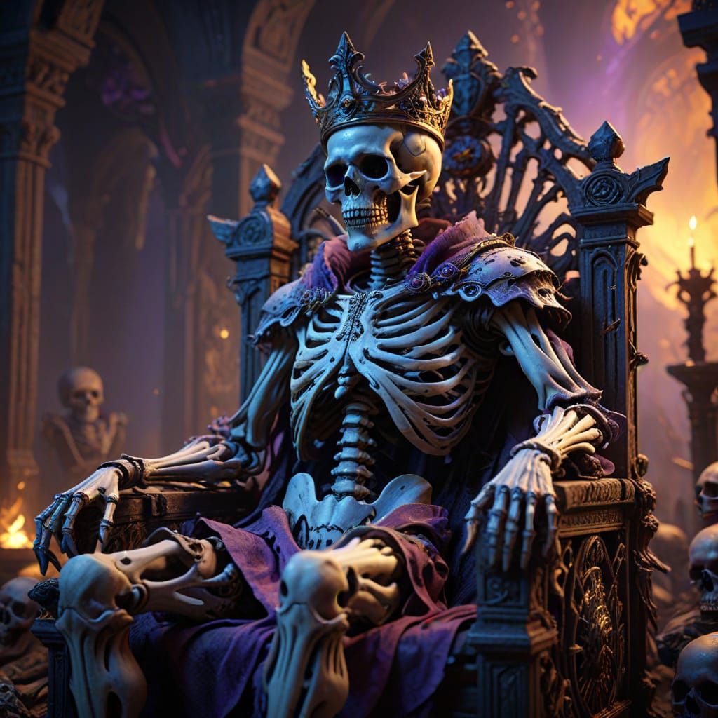 Dark Fantasy Skeleton King Reigns Over Throne of Bones