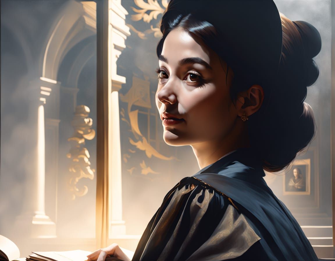 Elegant Young Woman in a Haunting Study, Captured in Hyper-R...