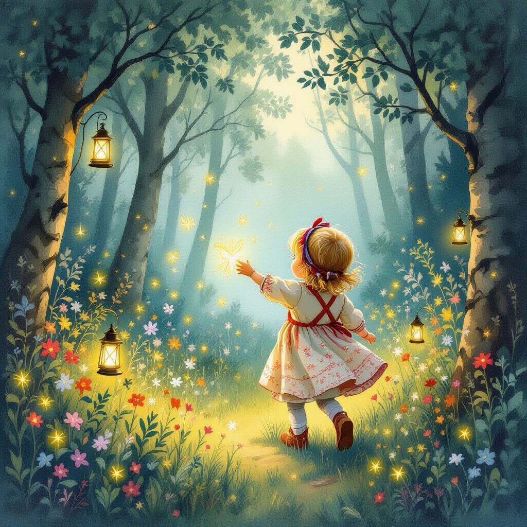 Enchanted Forest Firefly Chase, Storybook Illustration