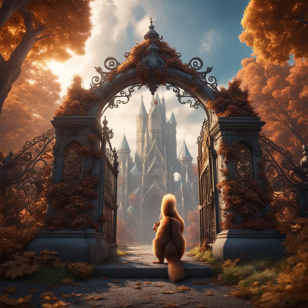 Squirrel at Heaven's Gate: Hyperrealistic Digital Painting