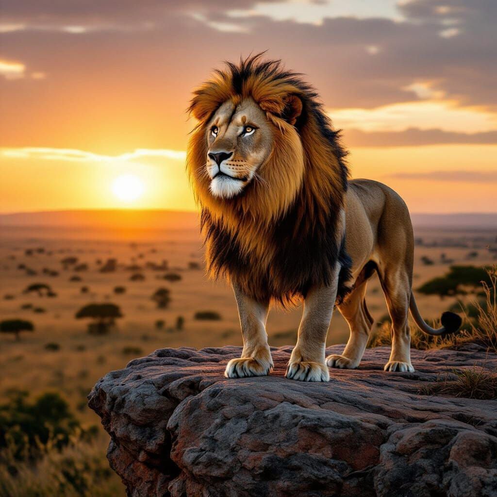 Majestic Lion Overlooking Savanna at Sunset