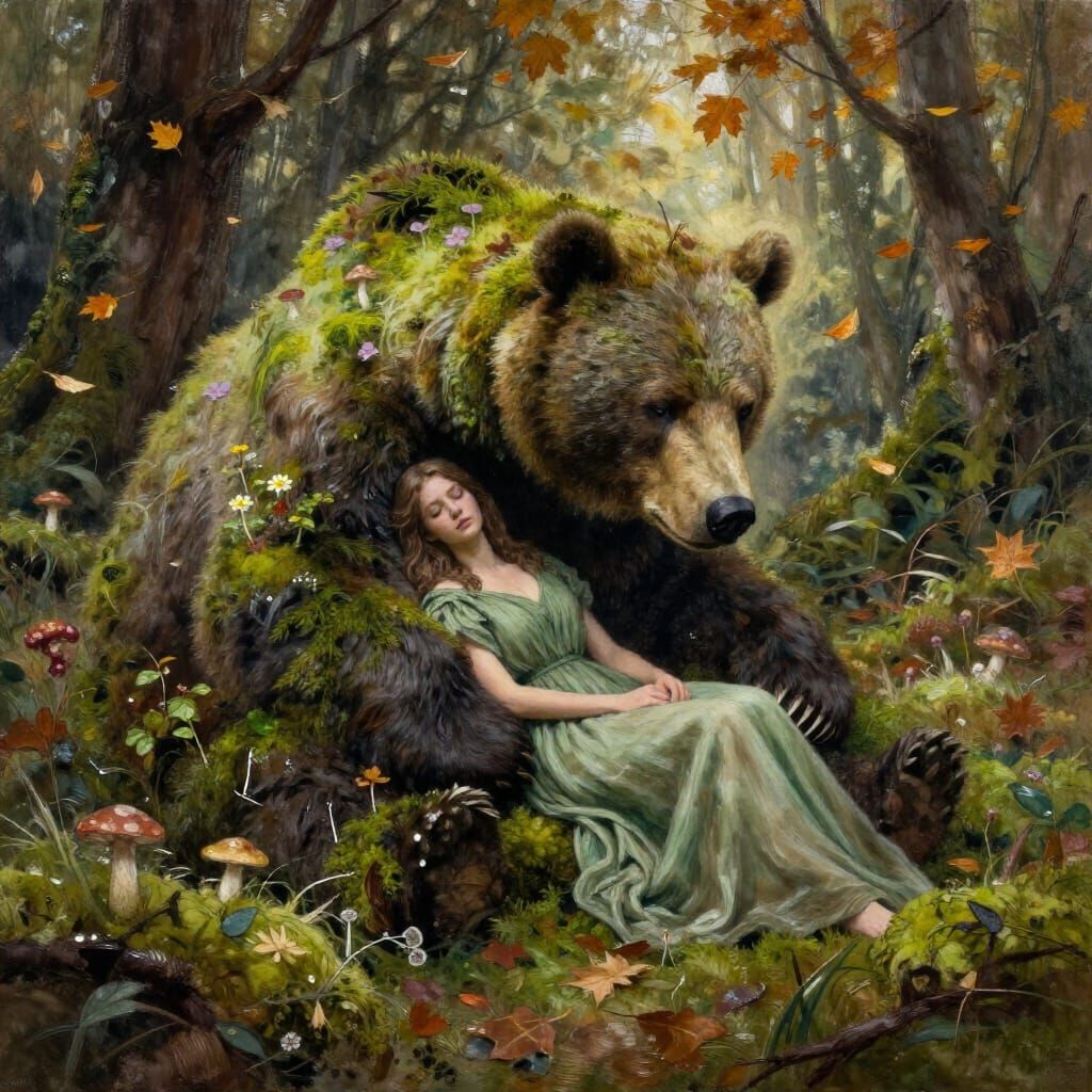 Forest Maiden Rests with Moss-Bear in Autumn Clearing