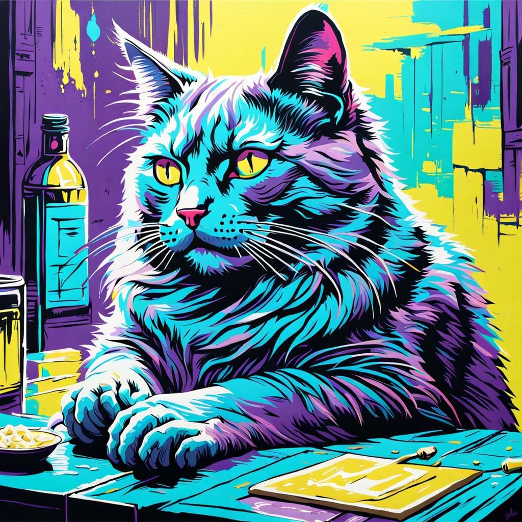 Cat's Dream: Neon Impasto Painting in 1980s Style