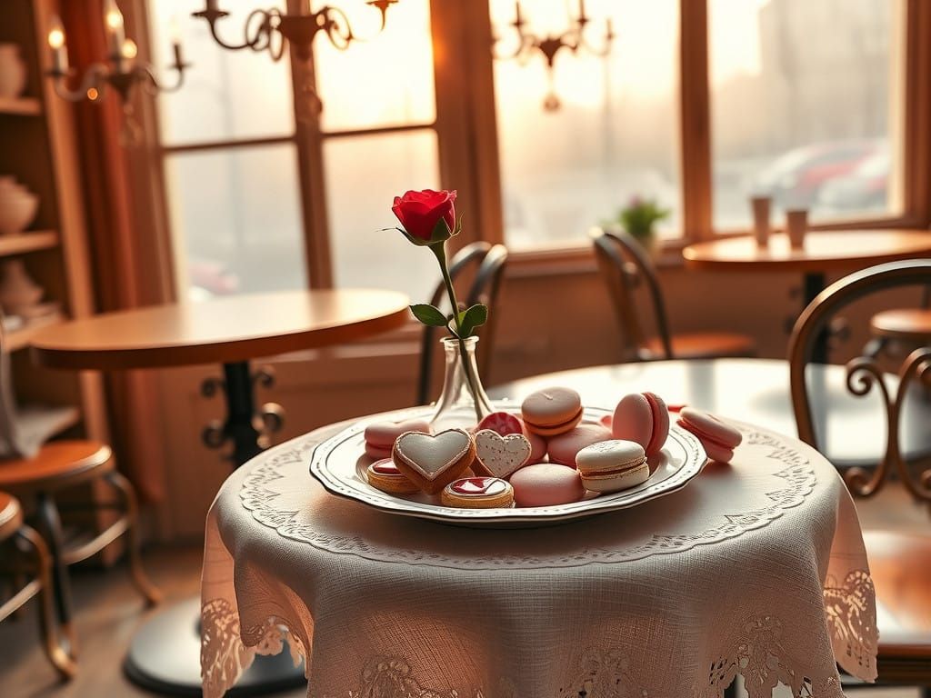 Romantic French Café Scene with Valentine's Day Treats