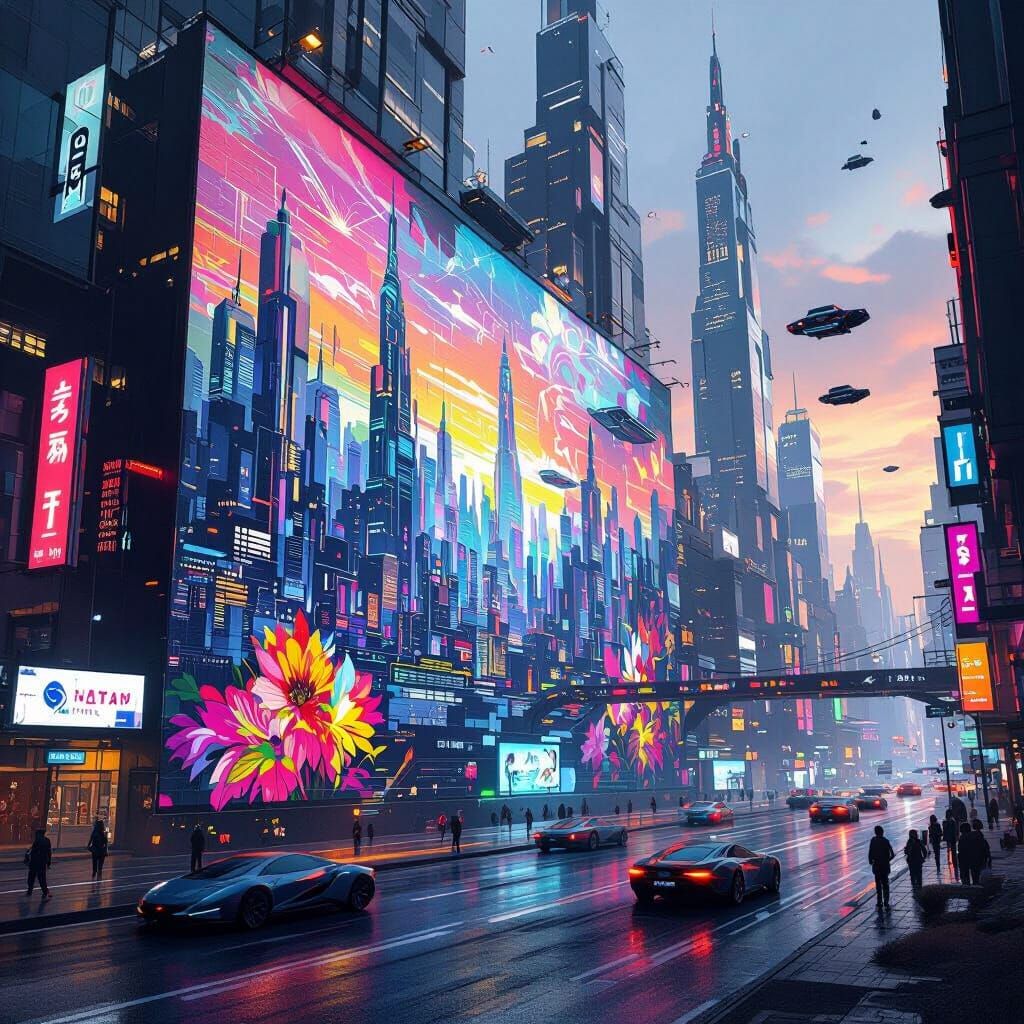 Futuristic Cityscape with Murals in Cyberpunk Style