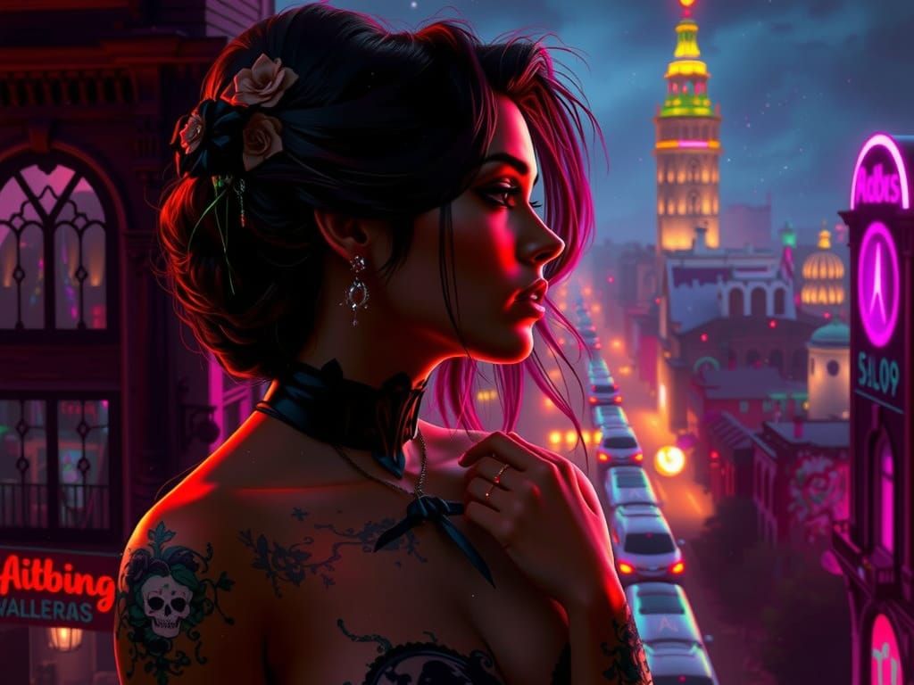 Gothic Madame Awaits Lover in Neon Victorian City