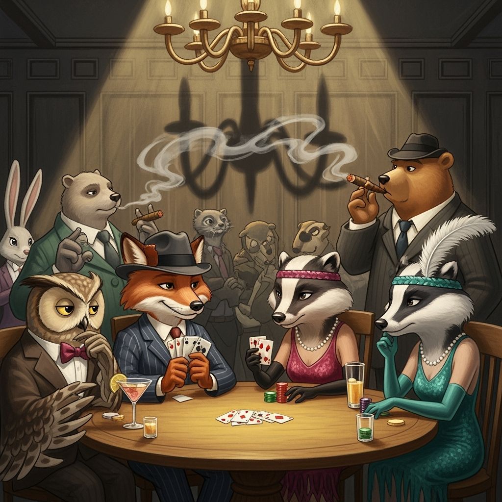Cartoon Animals Play Poker: A Vintage Speakeasy Scene