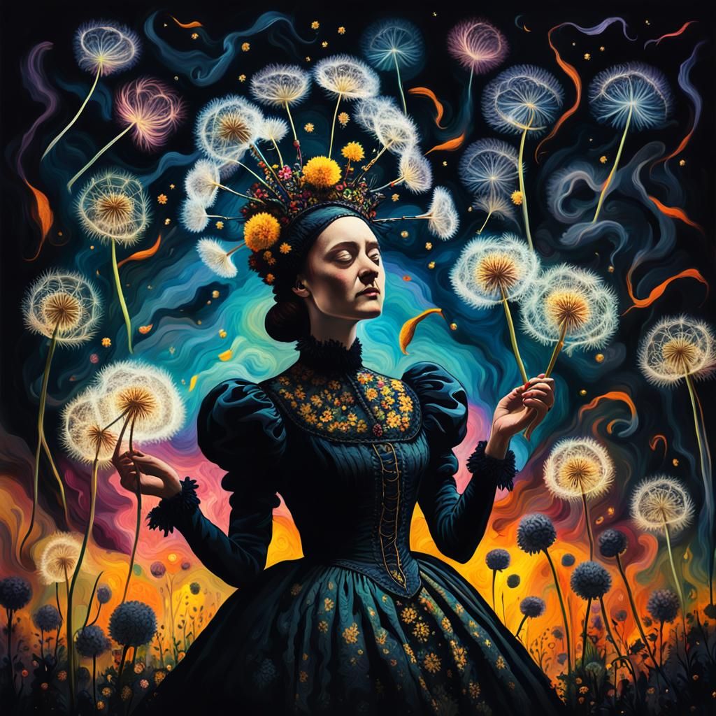 Dreamlike Halloween: Woman in Dandelion Dreamscape, Expressi...