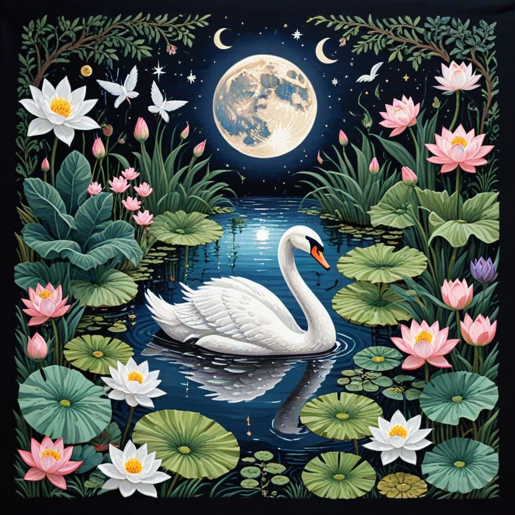 Intricate Anime Needlepoint, Secret Garden, pond, Swan, Lotu...