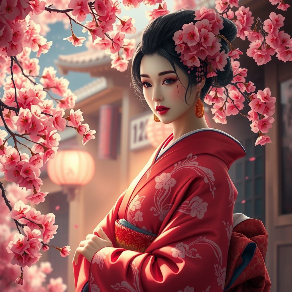 Geisha in Ukiyo-e Style with Cherry Blossoms