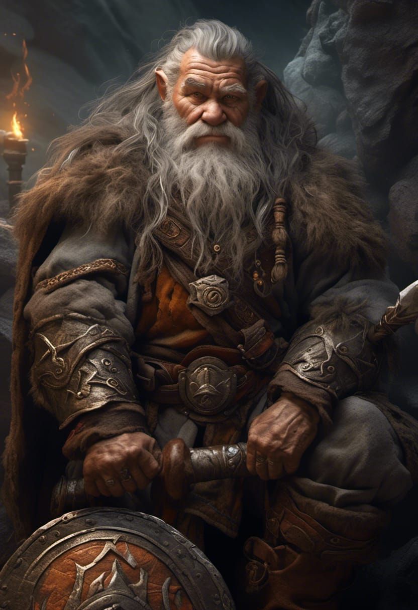 Hyperrealistic Old Dwarf Chieftain in Cavern