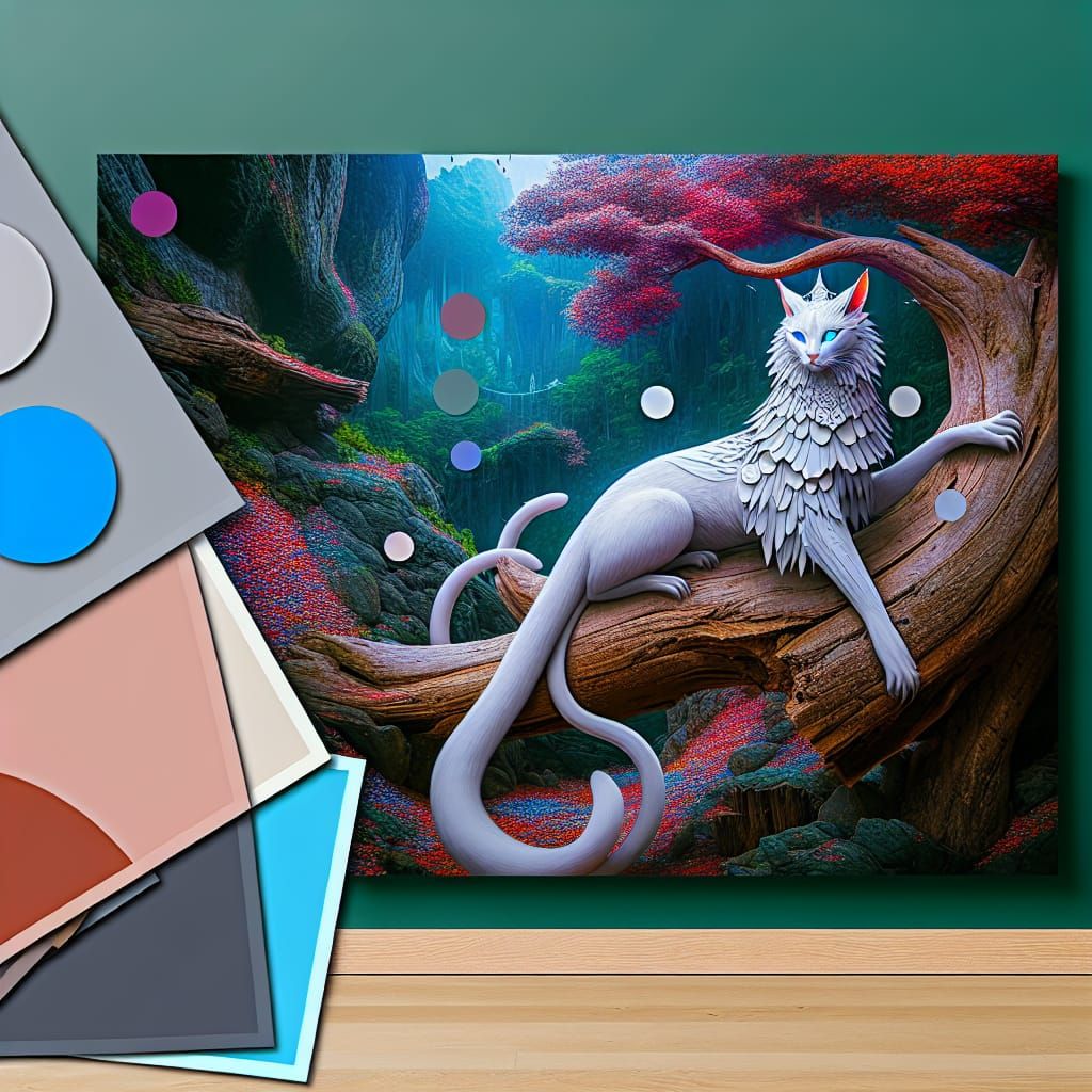 Fantastical White Cat Seated on Cut Tree Trunk in Fantasy Co...