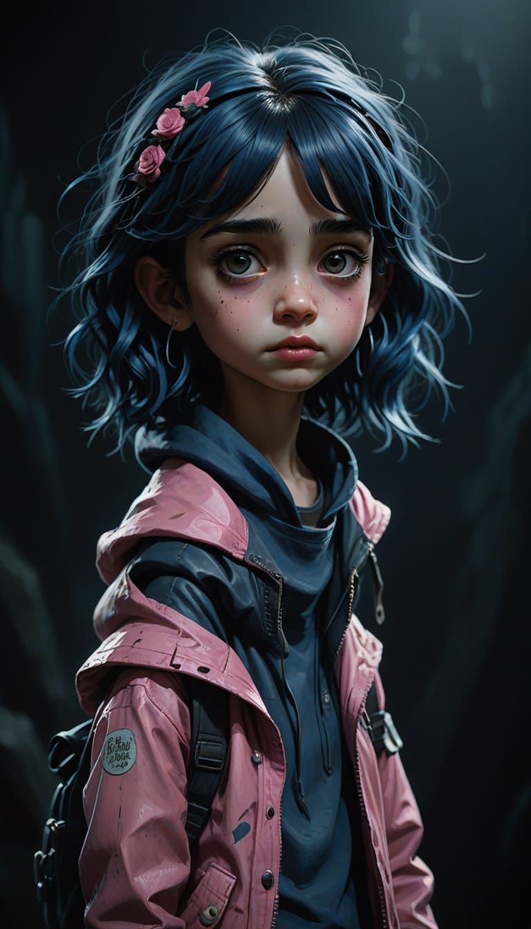 Child with Blue Hair in Burton-esque Style