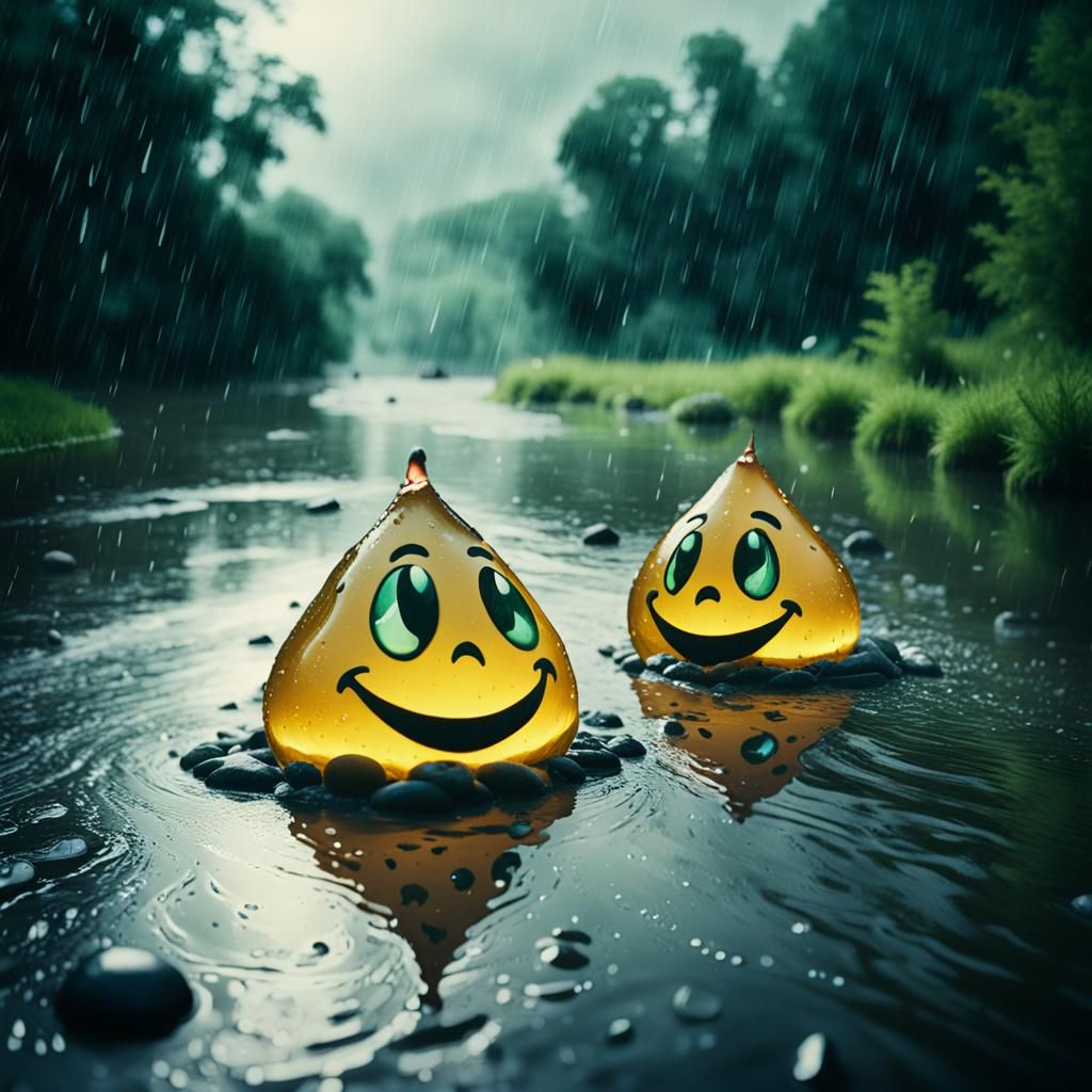 two smiling tear-drops floating down a river in the rain