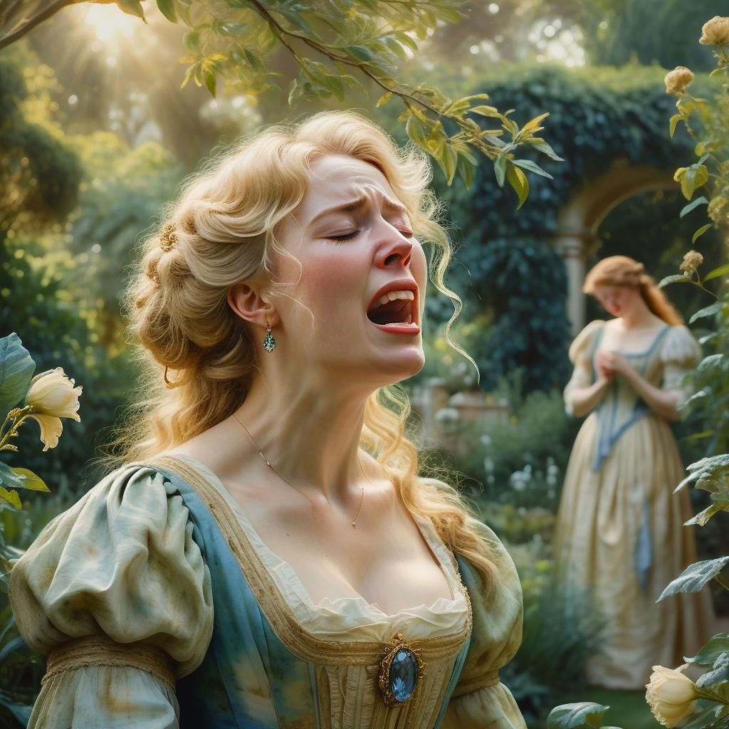 Regency Lady Crying in a Garden, Watercolor Style