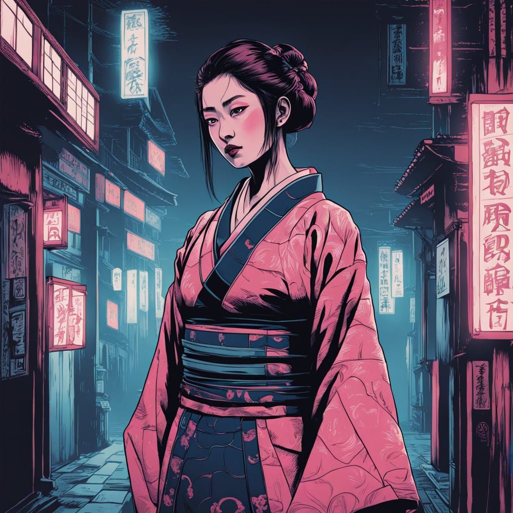 Cyberpunk Geisha Portrait in Neon-Lit Alleyway