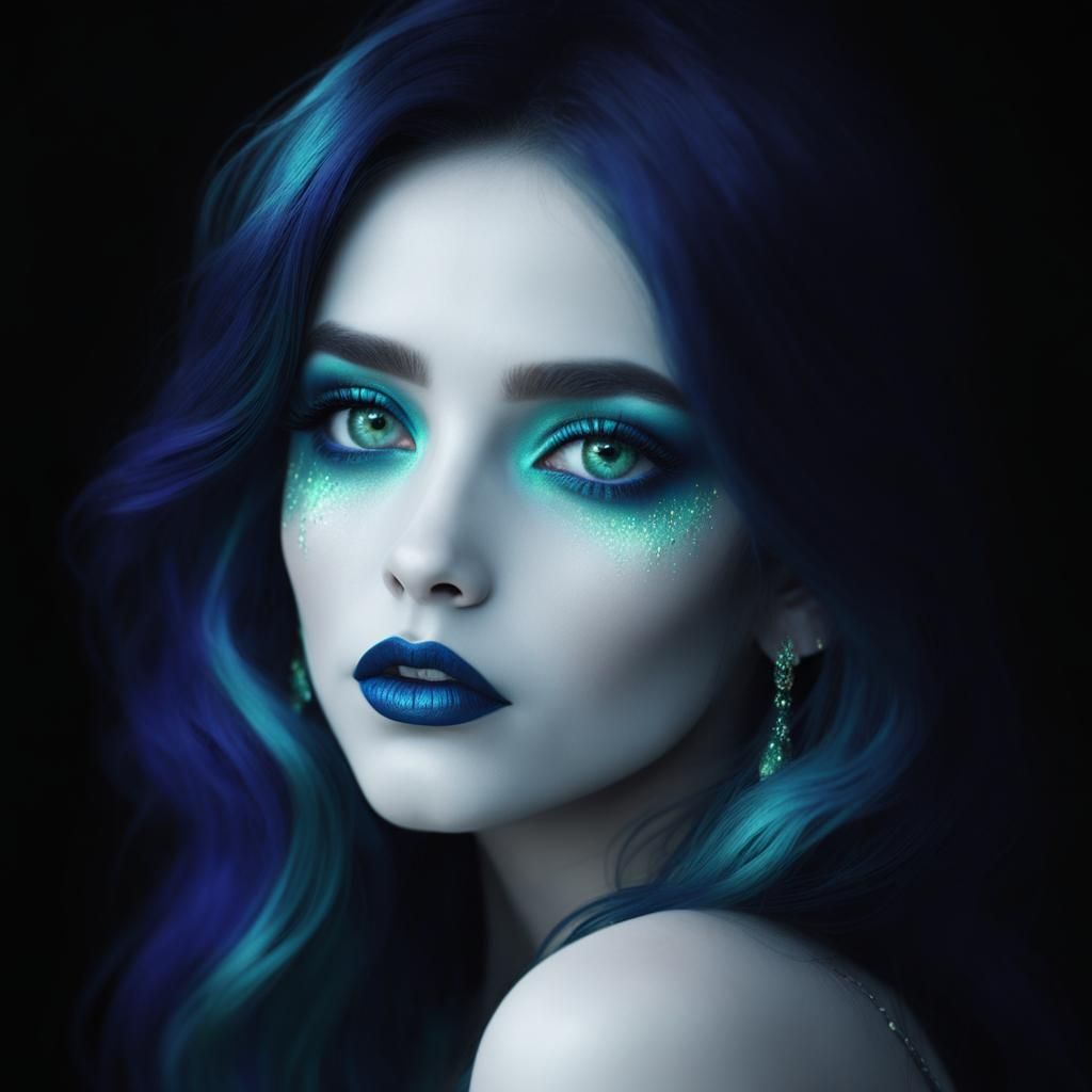 Ethereal gothic beauty with dark blue wavy hair with dark teal green hair highlights and green eyes with cobalt blue eye...