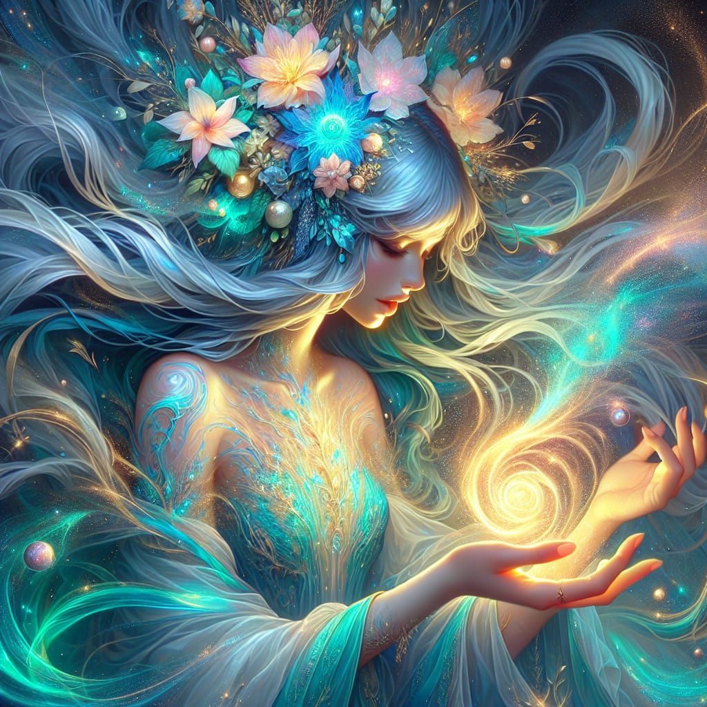 Mystical Character Gazing at Glowing Stars in Astral Theme