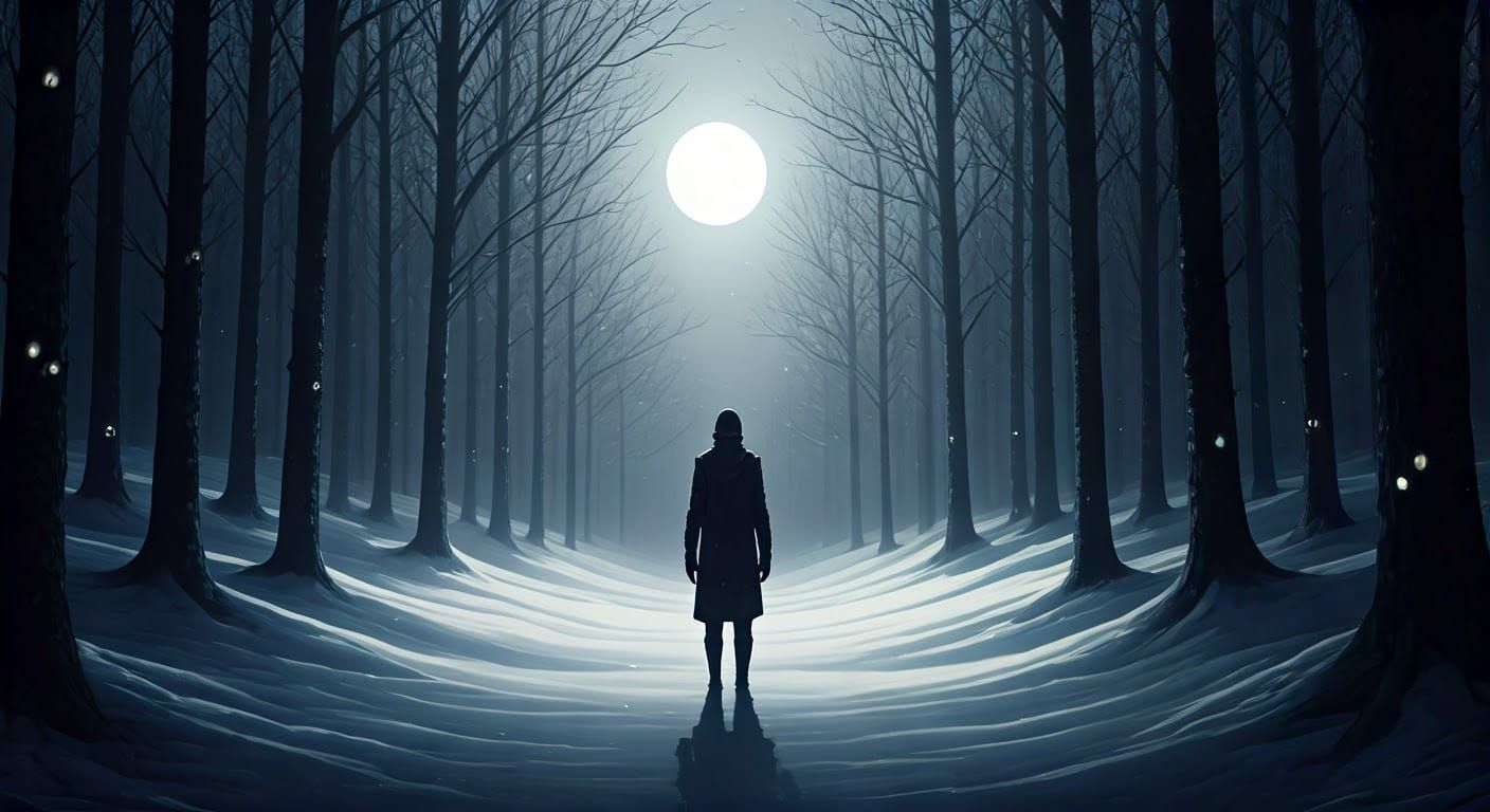 Eerie Figure in Snowy Forest Under Moonlight