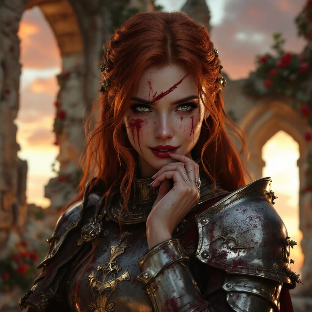 Red-Haired Knight Protects Gothic Castle Ruins at Sunset